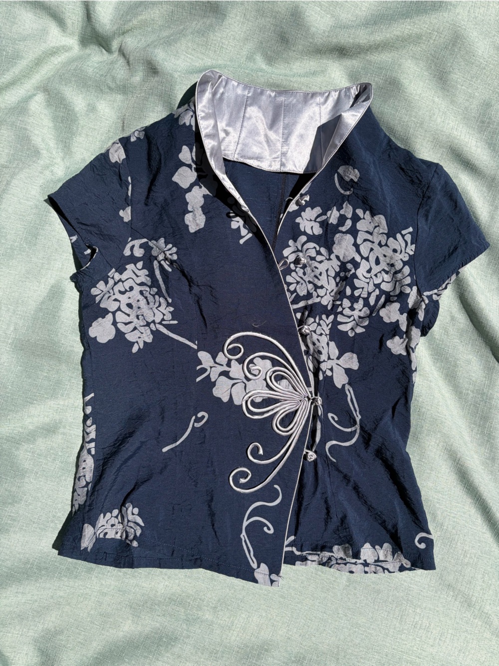 Navy Floral Short-Sleeve Button Blouse